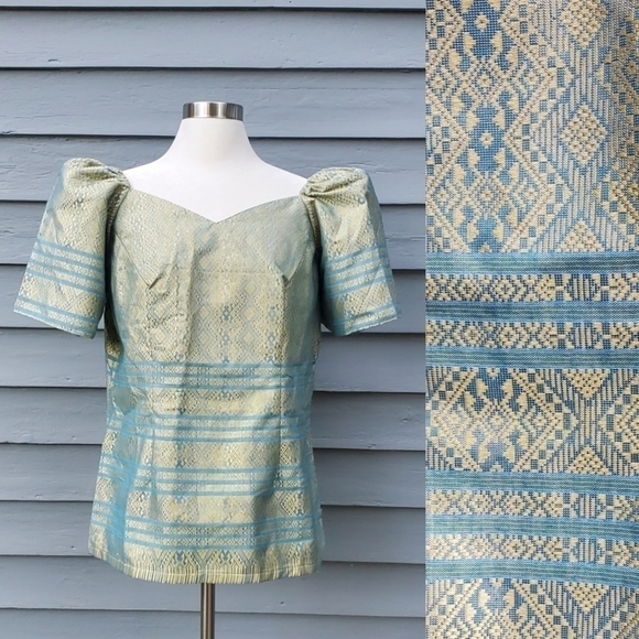 African Shirt Homemade Embroidered Puffed Sleeves Off the Shoulder Blouse XL - Picture 1 of 8